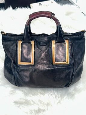Chloe Black Leather Satchel with Gold Hardware and Brown Handle Accent